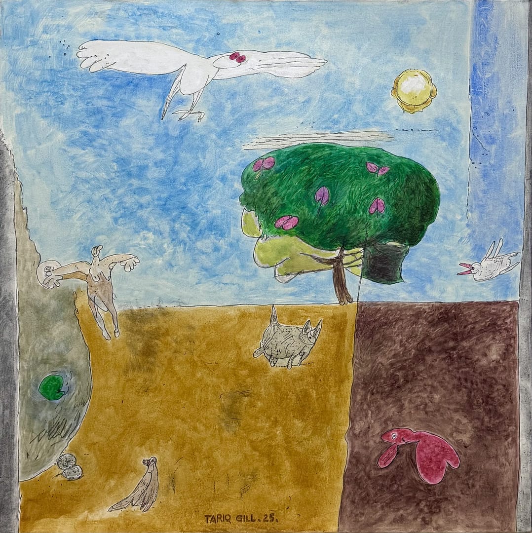 An Angel Entering the Wilderness by Tariq Gill, a contemporary figurative Mixed Media on Canvas (acrylic & charcoal) painting depicting a symbolic angel, a tree, a descending bird, a cat, and another figure entering from the left within a surreal landscape.
