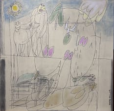 Recent Works The Desire of Fertility III by Tariq Gill, a contemporary figurative mixed media painting depicting a symbolic man, a goat-like animal, birds, flowers, plants, and a reclining female figure in a surreal landscape.