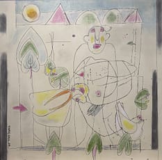 Recent Works The Desire of Fertility IV by Tariq Gill, a contemporary figurative mixed media painting depicting symbolic figures, pyramids, green dunes, birds, and a goddess within a surreal, enclosed landscape.