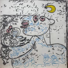 Recent Works His World Embracing the Outer World by Tariq Gill, a contemporary figurative mixed media painting depicting a symbolic human figure standing close to a bird beneath the moon in a surreal landscape.