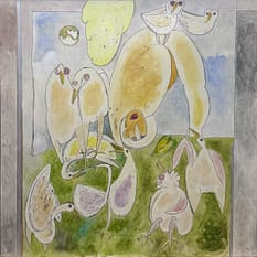 Recent Works Man Playing with Birds by Tariq Gill, a contemporary figurative mixed media painting depicting a symbolic upside-down male figure surrounded by more than eight birds, with one bird perched on his torso, alongside plants and a large cloud.