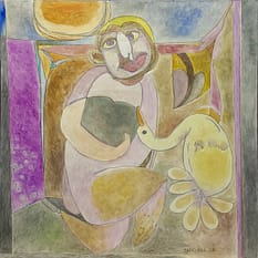 Recent Works Muse Playing with the Duck by Tariq Gill, a contemporary figurative mixed media painting depicting a symbolic female muse with a duck moving around her in a surreal landscape.
