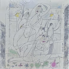 Recent Works Dance of Life by Tariq Gill, a contemporary figurative mixed media painting depicting two symbolic figures surrounded by flourishing flowers, plants, birds, and clouds in a serene natural landscape.