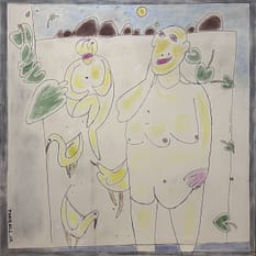 Recent Works The Desire of Fertility I by Tariq Gill, a contemporary figurative mixed media painting on canvas depicting symbolic human figures, birds, plantations, and mud dunes in a surreal landscape.