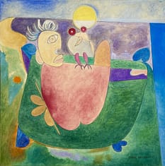 Recent Works The Fear or Helplessness by Tariq Gill, a contemporary figurative oil painting depicting a symbolic figure lying on a bed with an owl perched upon the body, expressing fear and helplessness.