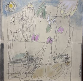 The Desire of Fertility IV The Desire of Fertility III by Tariq Gill, a contemporary figurative mixed media painting depicting a symbolic man, a goat-like animal, birds, flowers, plants, and a reclining female figure in a surreal landscape.