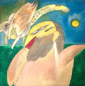 Recent Works The Carefree Sage by Tariq Gill, a contemporary figurative oil painting depicting a symbolic sage beneath the moon, accompanied by an abstract creature above and scattered clouds in a dream-like landscape.
