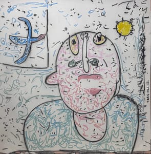 Recent Works Bound Mind, Watching the Freedom of a Bird by Tariq Gill, a contemporary figurative mixed media painting depicting a symbolic male figure observing a bird within a surreal landscape.