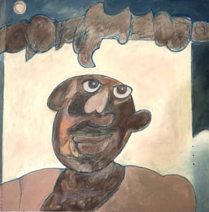 Recent Works Remnants of the Last Era by Tariq Gill, a contemporary figurative oil painting depicting a symbolic dark-skinned figure contemplating the massive skeletal remains of an ancient dragon-like creature beneath a small moon.