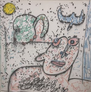 Recent Works Frontline Companion by Tariq Gill, a contemporary figurative mixed media painting depicting a symbolic man standing beside a horse-like companion while watching a diving eagle and an approaching threat.