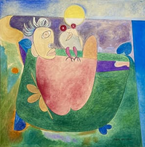 Recent Works The Fear or Helplessness by Tariq Gill, a contemporary figurative oil painting depicting a symbolic figure lying on a bed with an owl perched upon the body, expressing fear and helplessness.