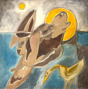 Recent Works The Reclining Personage with His Pets by Tariq Gill, a contemporary figurative oil painting depicting a symbolic reclining male figure with a bird beside him, a bird-like animal camouflaged within his body, and a soft halo in the background.