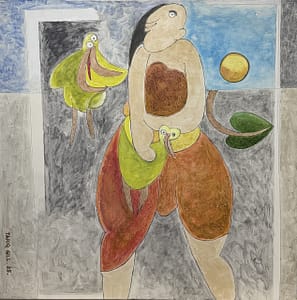 Recent Works Between Freedom and Captivity by Tariq Gill, a contemporary figurative acrylic painting depicting a symbolic figure holding a bird, another bird nearby with its beak open, and a single leaf within a surreal landscape.