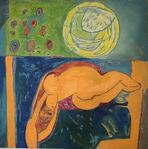 Recent Works Moonlit Reverie III by Tariq Gill, a contemporary figurative oil on canvas painting depicting a reclining nude female figure beneath the moon on a blue bed in a dream-like setting.