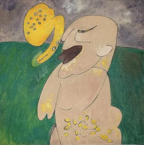 Recent Works The Man Is Going to Be Wild by Tariq Gill, a contemporary figurative oil painting depicting a symbolic male figure in a dark landscape with animal companions beneath heavy clouds.
