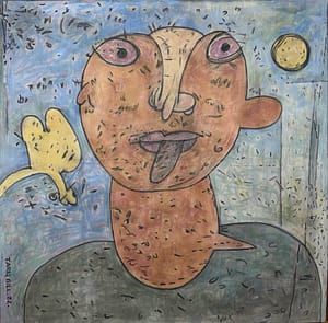 Recent Works Venomous Betrayer by Tariq Gill, a contemporary figurative mixed media painting depicting a symbolic figure with a protruding tongue and intense eyes, with a small abstract metamorphic figure drifting away beneath the moon.