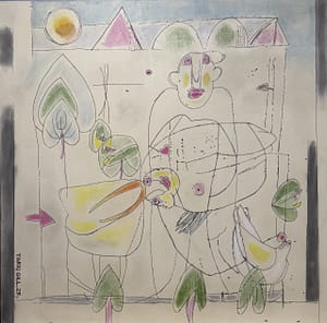 The Desire of Fertility III The Desire of Fertility IV by Tariq Gill, a contemporary figurative mixed media painting depicting symbolic figures, pyramids, green dunes, birds, and a goddess within a surreal, enclosed landscape.