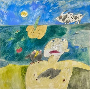 Recent Works Dreaming in the Wilderness by Tariq Gill, a contemporary figurative mixed media (acrylic, ink & charcoal) painting depicting a symbolic man with an owl perched on his shoulder, a passing bull, and a sparse wilderness landscape.
