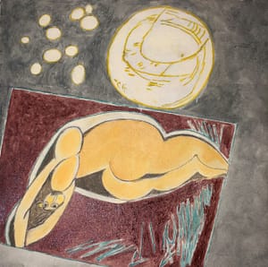 Recent Works Moonlit Reverie I by Tariq Gill, a contemporary figurative oil on canvas painting depicting a reclining nude female figure beneath the moon on a maroon bed in a dream-like setting.