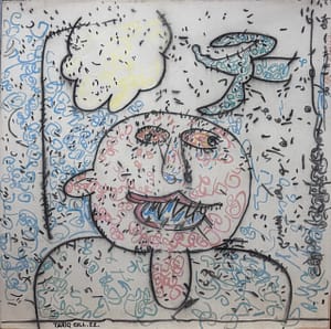 Recent Works Mind, Surprised by Anger upon Seeing the Floating Cloud and Free Bird by Tariq Gill, a contemporary figurative mixed media painting depicting a symbolic male figure expressing anger, a freely flying bird, and a large floating cloud.