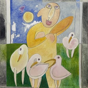 Recent Works The Queen of Birds by Tariq Gill, a contemporary figurative mixed media (oil & charcoal) painting depicting a symbolic female figure with one hand resting on her chest, surrounded by four birds beneath clouds and the moon.
