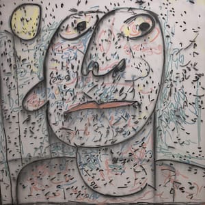 Recent Works Don’t Ask, I Am Astonished at What the World Will Become by Tariq Gill, a contemporary figurative mixed media painting depicting a large symbolic face with wide-open eyes and a lower lip caught between the teeth.