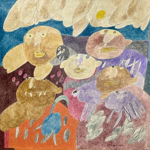 Recent Works Agony and Ecstasy by Tariq Gill, a contemporary figurative acrylic painting depicting five vibrant symbolic human figures gathered with various birds beneath large drifting clouds.
