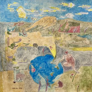 Recent Works Imagining the Journey to a Bygone Era by Tariq Gill, a contemporary figurative acrylic painting depicting a seated figure beside a lake, a distant hut, a reclining figure near the horizon, and a landscape of water, plants, dry grass, and drifting clouds.