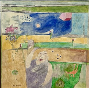 Recent Works Mysterious Creatures in a Dreamscape by Tariq Gill, a contemporary figurative mixed media (acrylic & oil) painting depicting a symbolic man with a raised arm, a bird approaching from the left, and a four-legged winged bird-like creature emerging from plants on the right.