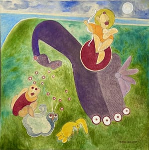Recent Works The Smell of a Fear by Tariq Gill, a contemporary figurative oil painting depicting a rider on horseback, a seated symbolic figure with a snake, and a bird attempting to fly away in a surreal landscape.