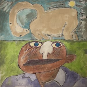 Recent Works Recalling the Times of the Beasts by Tariq Gill, a contemporary figurative oil painting depicting a symbolic male figure looking back in fear as a large four-legged dinosaur-like creature rises behind him in a surreal landscape.