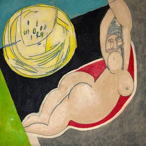 Recent Works Moonlit Reverie II by Tariq Gill, a contemporary figurative oil on canvas painting depicting a reclining nude female figure beneath the moon on a red and black bed in a dream-like setting.