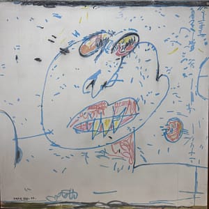 Recent Works Of Anger and Surprise: The Man Torn Within by Tariq Gill, a contemporary figurative mixed media painting depicting a large symbolic face with intense eyes, bared teeth, and an expression of anger and inner conflict.