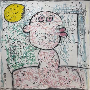 Recent Works A Sulking Generation Beneath the Moonlight of Disheartenment by Tariq Gill, a contemporary figurative mixed media painting depicting a symbolic female figure beneath the moon with an expression of quiet disappointment.