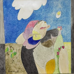 Recent Works The Victorious One by Tariq Gill, a contemporary figurative mixed media painting depicting a symbolic figure standing alone with an outstretched arm beneath clouds in a surreal landscape.