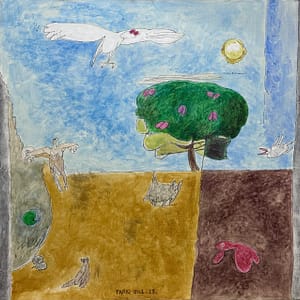 Recent Works An Angel Entering the Wilderness by Tariq Gill, a contemporary figurative Mixed Media on Canvas (acrylic & charcoal) painting depicting a symbolic angel, a tree, a descending bird, a cat, and another figure entering from the left within a surreal landscape.