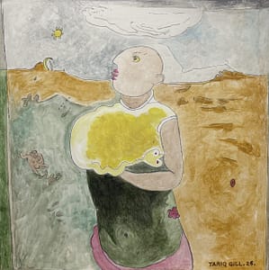 Recent Works The Holy Sinner by Tariq Gill, a contemporary figurative acrylic painting depicting a symbolic male figure with a snake-like right arm, flowers, and a small seated figure in the distance.