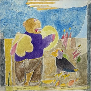 Recent Works The Merciful Monster and The Ruthless Bird by Tariq Gill, a contemporary figurative acrylic painting depicting a symbolic monster, a vulture-like bird, clouds, and a garden-like landscape.