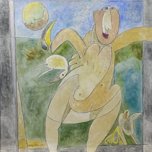 Recent Works The Moon Worshipper with Her Pets by Tariq Gill, a contemporary figurative mixed media painting depicting a symbolic female figure with open arms, surrounded by birds, plants, and the moon in a surreal landscape.